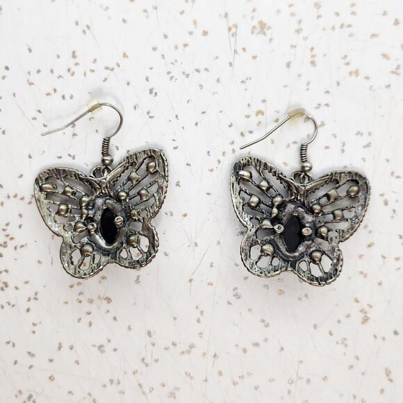 BFD - Black & Pewter Coloured Butterfly Drop Earrings - Picture 2 of 3